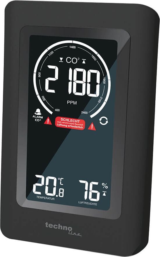CO2-Messgerät technoline WL 1030, einfaches Ampelsystem, mit Temperatur- und
Luftfeuchtigkeitsanzeige, 9,4 x 14,5 x 5 cm