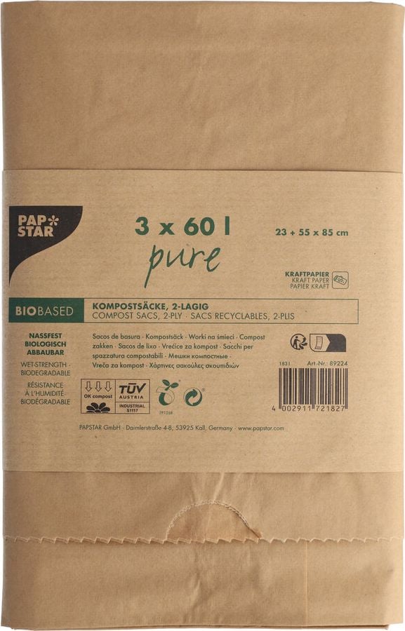 Kompostsäcke Papstar pure 89224 aus Papier 60 Liter, 85x55x23cm, Kraftpapier 60 g/m², 2-lagig, 60 Liter, braun, Pack 3 Stück