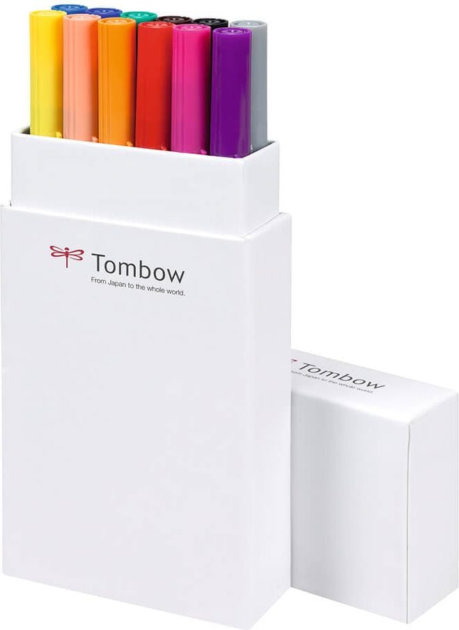 Fasermaler Tombow Abt Dual Brush Pen ABT-12P-1, 2 Spitzen (ca. 0,8 + ca. 0,8-3,3mm), Etui mit
12 Primärfarben