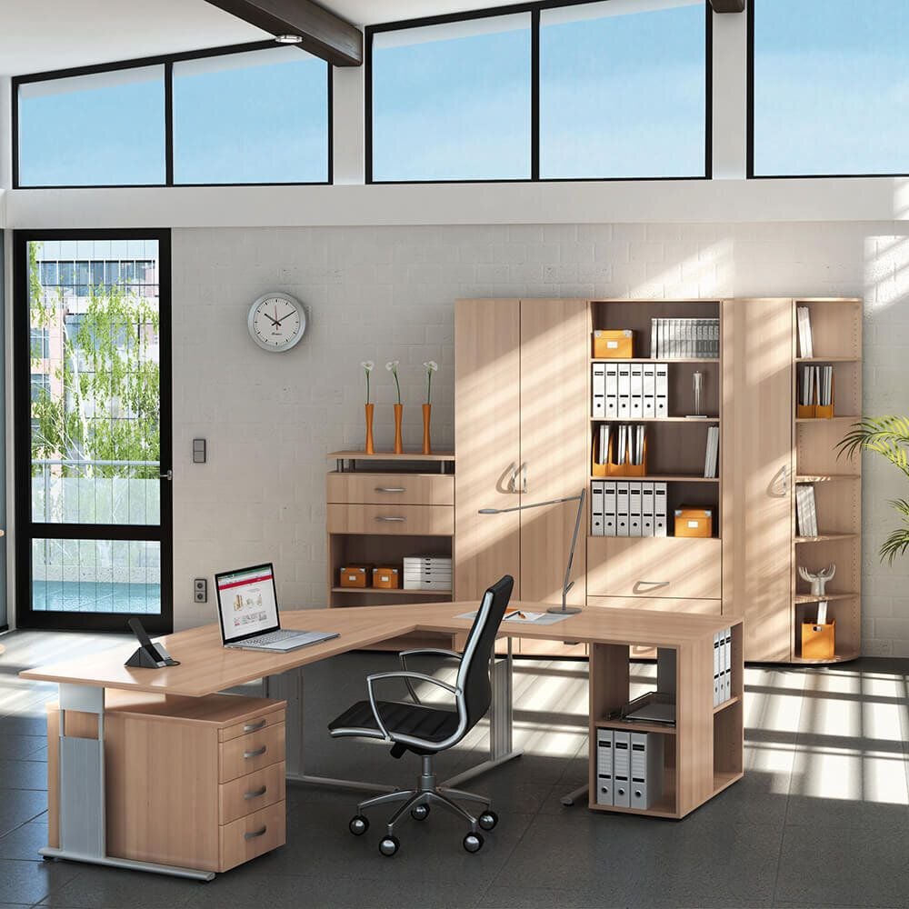 Schreibtisch Geramöbel C Fuß Flex S-617306, 180x100cm (BxT), 68-82cm Höhe, Freiform
links, C-Fuß silber, weiß