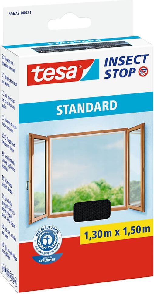 Fliegengitter Tesa Insect Stop Standard 55672, 1,3 m x 1,5 m, Klettbandbefestigung, für Fenster, anthrazit