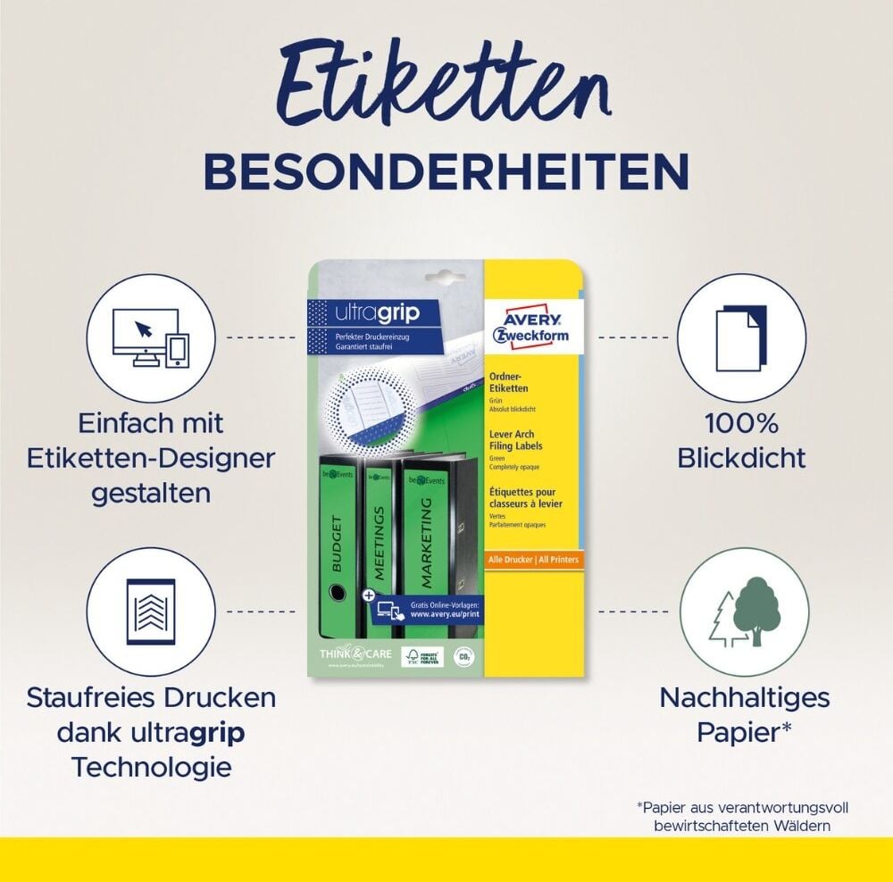 Rückenschilder Zweckform L4750-20 ultragrip, schmal/lang, 297x38mm, auf A4, grün, Pack 20
Blatt/100 Stück