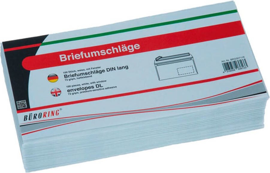 Briefumschläge DIN-lang Soennecken 1309, 110x220mm, Fenster, weiß, Haftklebung, Pack 100 Stück