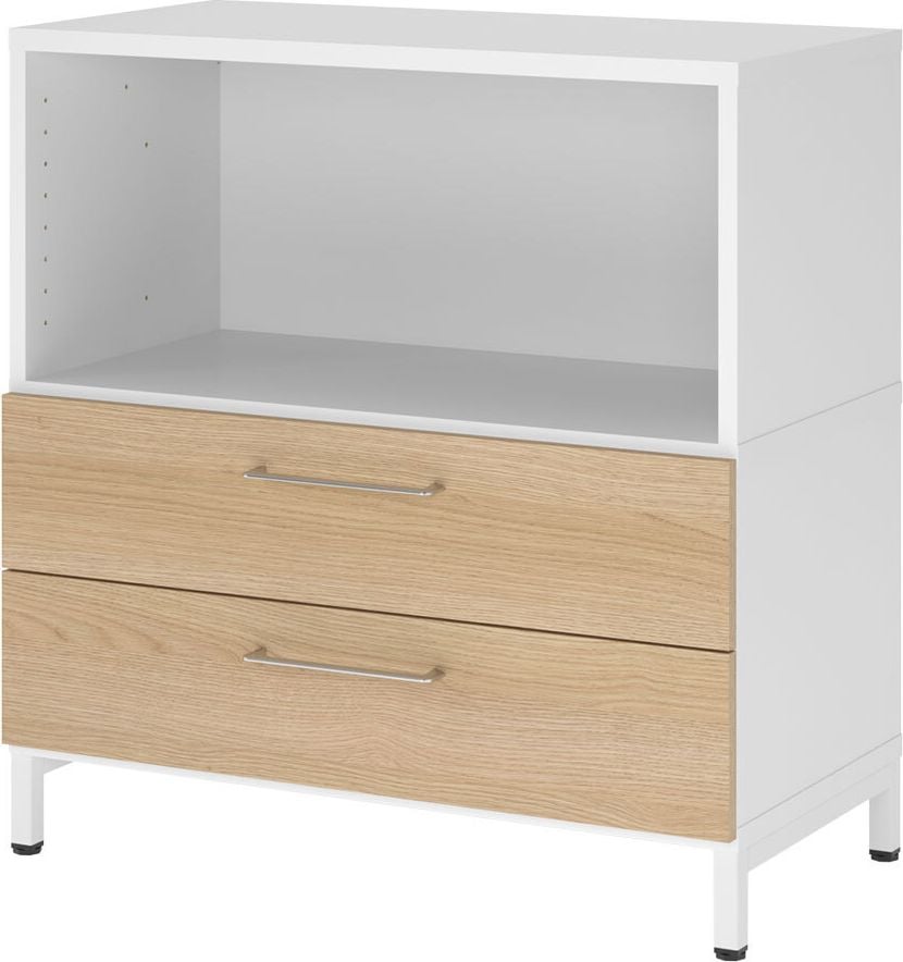 Regal Hammerbacher VFW28S2KU/W mit Schubladen, Threespine-Klicksystem, 80 x 41,7 x 82,8 cm
(B x T x H), mit Stahlsockel, 2 Ordnerhöhen,
Korpus: weiß, eiche