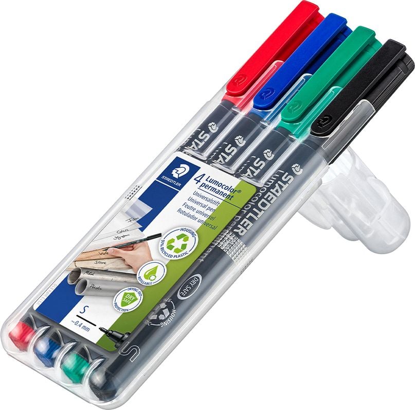 Folienschreiber Staedtler Lumocolor permanent pen 313WP4, ca. 0,4mm, wasserfest, Etui mit 4 Farben