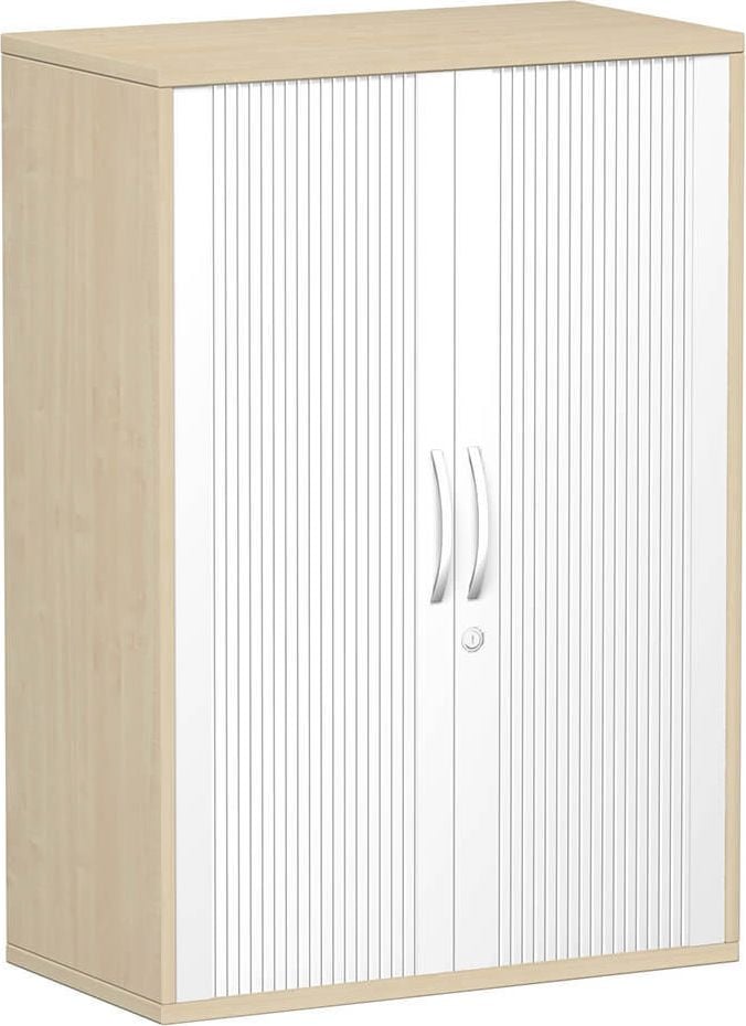 Aktenschrank Geramöbel Flex S-383110, 80x118,2x42,5cm (BxHxT), 2 Querrollläden, 2
Fachböden, 3 Ordnerhöhen, Bogengriff,
abschließbar, ahorn