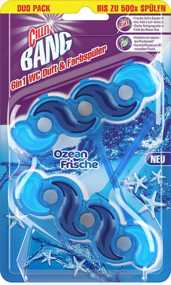 WC-Duftspüler Cillit Bang 6in1 Duo Ozean Frische, Halterung mit 2 WC-Steinen, Pack 2 Stück à
35g