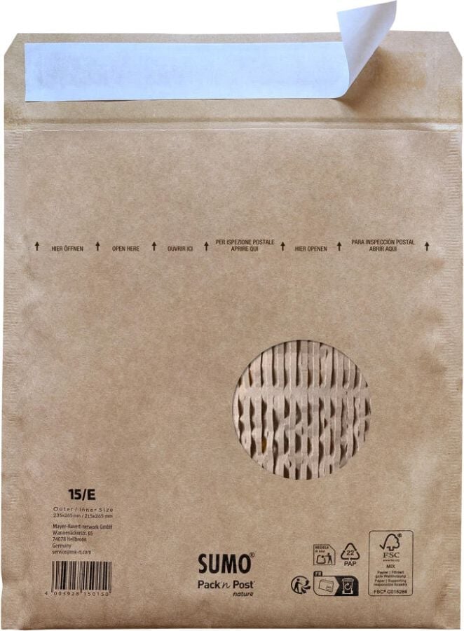 Papierpolstertaschen SUMO Gr. 5 / Typ E, Außenmaße: 235x265mm, Innenmaße: 215x265mm,
braun, Karton 100 Stück
