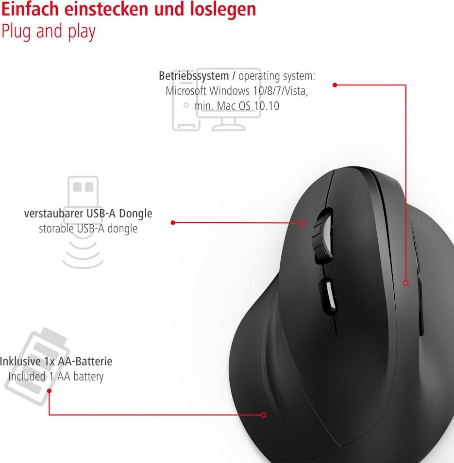 Maus Hama EMW-500L 00182697, vertikal, für Linkshänder, Funk, 6 Tasten,
optischer Sensor, schwarz