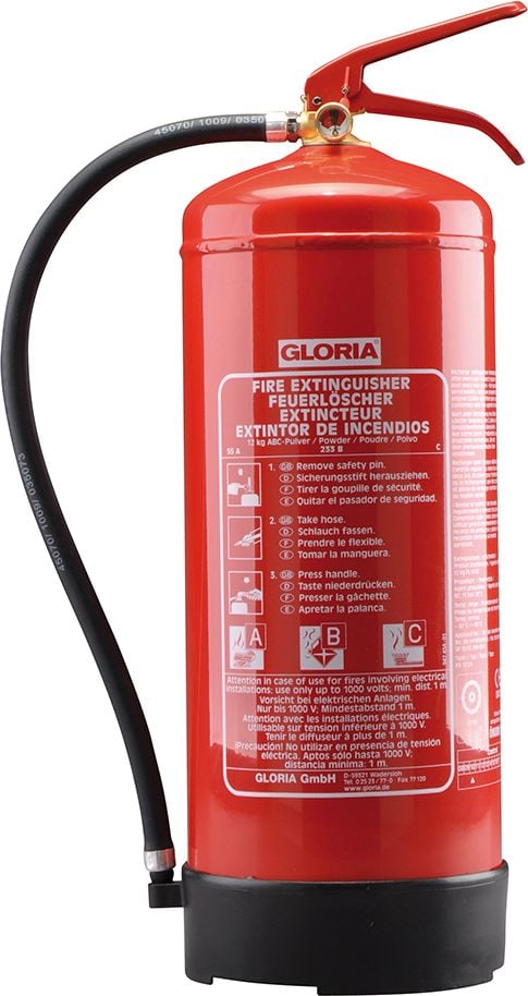 Pulver-Dauerdruckfeuerlöscher Gloria PD 12 GA, 12kg Pulverlöscher, 55A, 233B, C, Manometer,
frostsicher, mit Wandhalter
