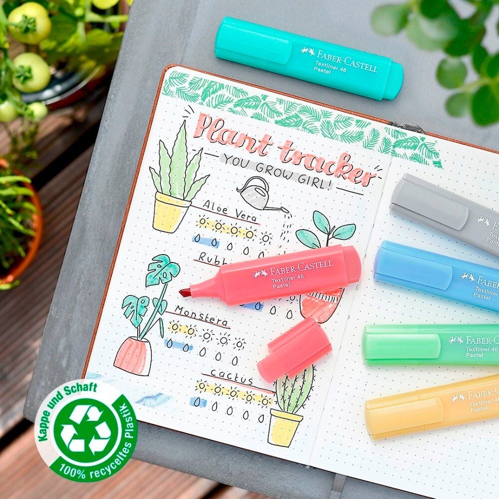Textmarker Faber-Castell Textliner 46 Pastell 1546, ca. 1-5 mm, Keilspitze, pastell, 100%
recycelter Kunststoff, pastellblau