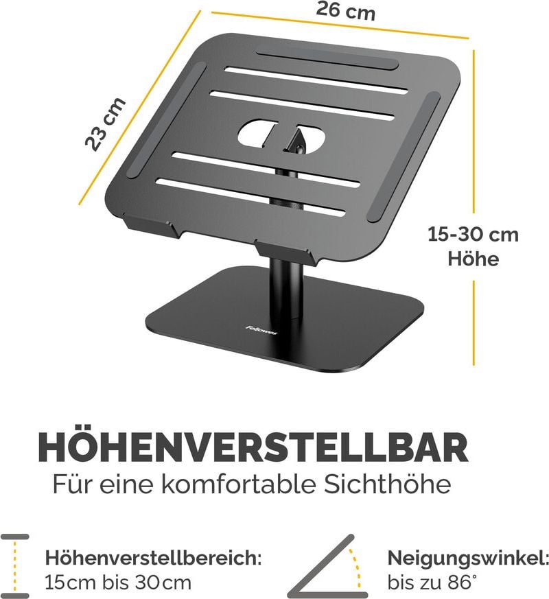 Notebookständer Fellowes Alumia, bis 15 Zoll Notebooks, 15-30cm höhenverstellbar,
neigungsverstellbare Plattform, 96% recyceltes Material, Aluminium, schwarz