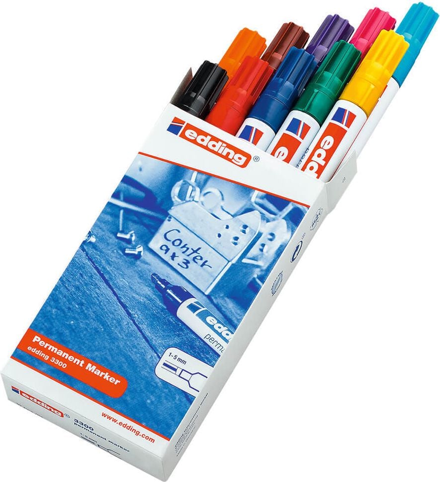Permanentmarker Edding 3300-999, ca. 1-5mm, Keilspitze, Schachtel mit 10 Farben, Schaft 100% recyceltes Aluminium