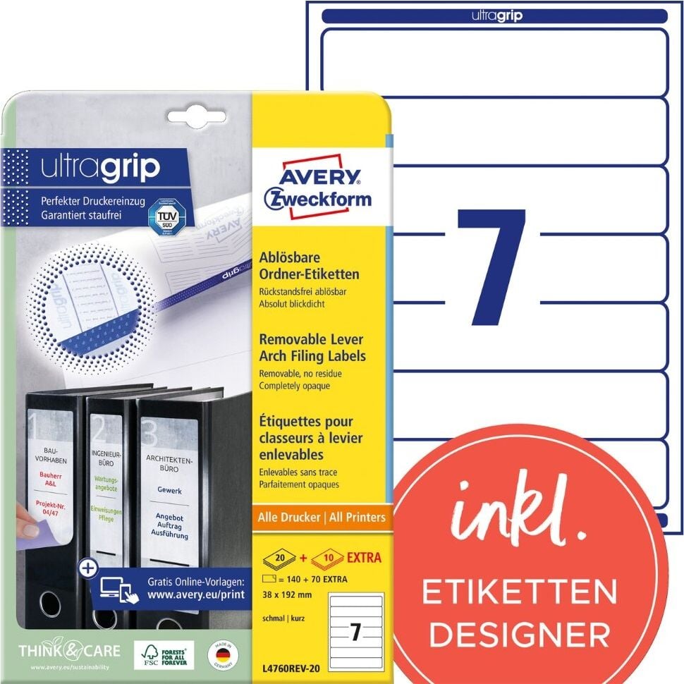 Rückenschilder Zweckform L4760REV-20 ultragrip, schmal/kurz, 192x38mm, ablösbar, auf A4,
weiß, Pack 30 Blatt/210 Stück