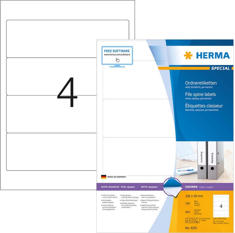 Rückenschilder Herma 4291, breit/kurz, 192x59mm, auf A4, weiß, Pack 100
Blatt/400 Stück