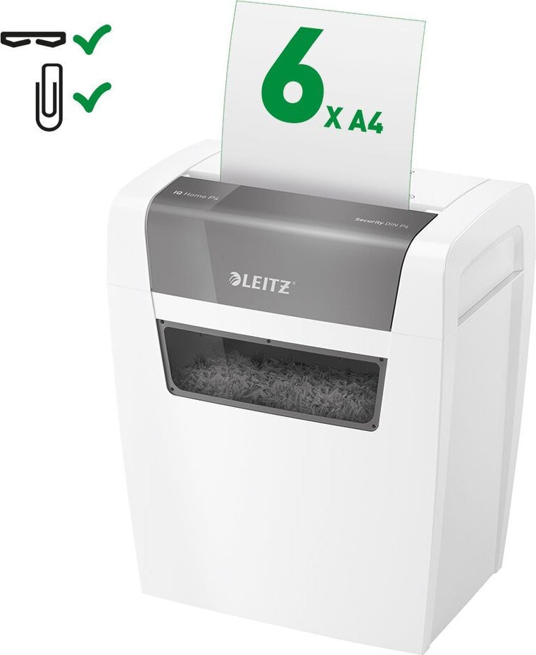 Aktenvernichter Leitz IQ Home 80340000, 4x28mm Partikelschnitt, ca. 6 Blatt, 15 Liter Behälter