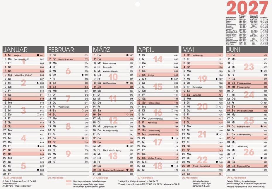 Jahresplaner Glocken Tafelkalender 50-11317007, A4 quer, 6 Monate/1 Seite, 1-sprachig