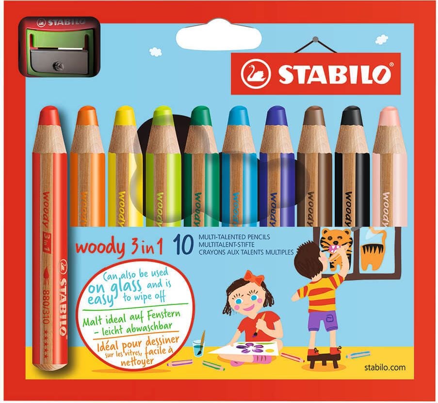 Buntstifte STABILO woody 3 in 1 880/10-2, Etui mit 10 Farben + 1 Spitzer