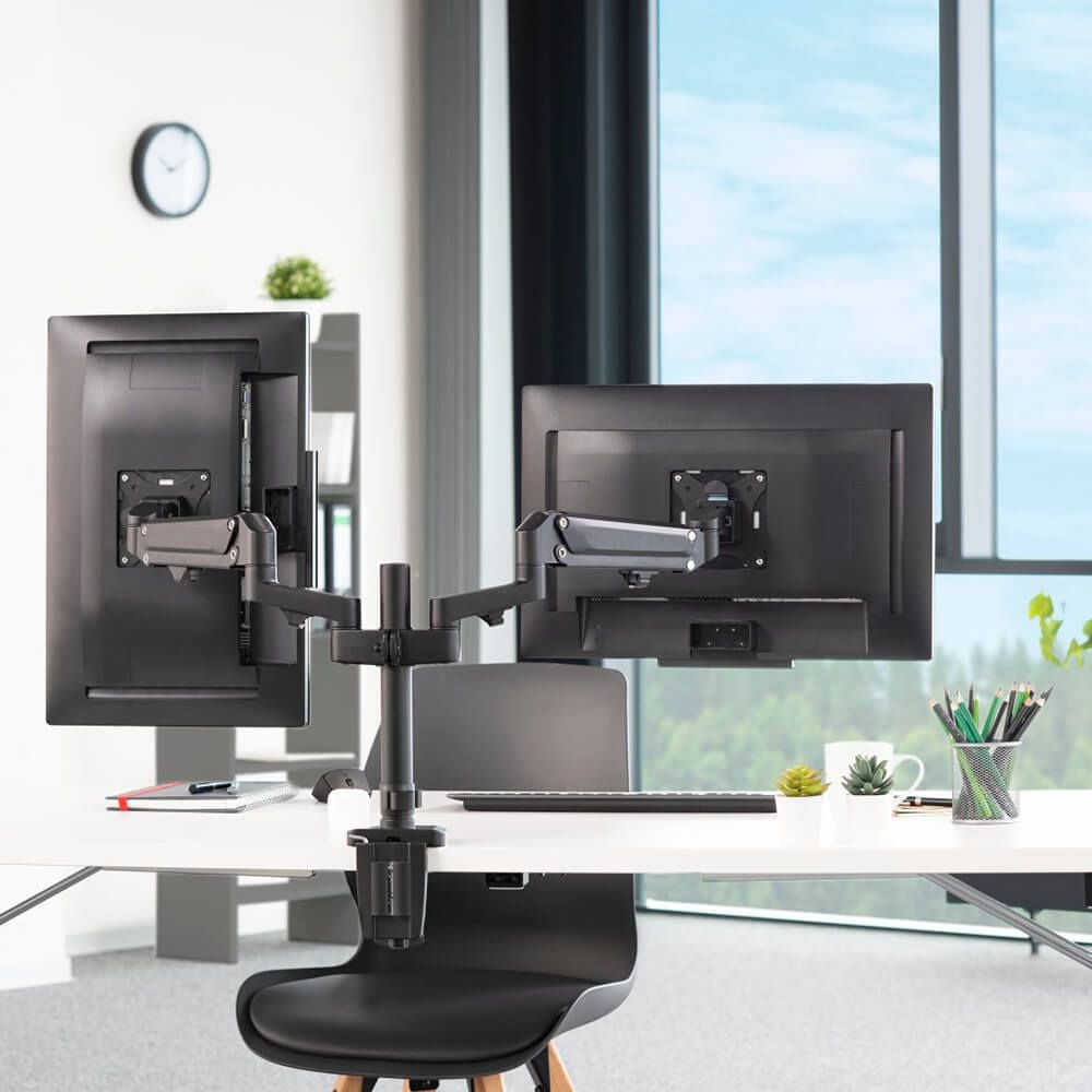 Monitorhalter Hama FULLMOTION Doppelarm 118498, 2 Arme, Tragfähigkeit bis zu 12 kg pro
Schwenkarm, höhen- und tiefenverstellbar,
Klemmhalterung, schwarz