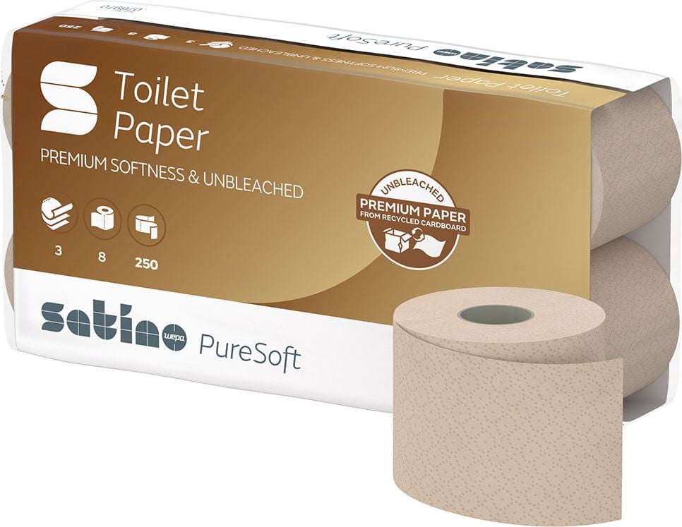 Toilettenpapier Satino by WEPA PureSoft 076970, für Spendersystem MT1, Recyclingpapier, Waffelprägung, 3-lagig, soft beige, Pack 8 Rollen à 250 Blatt, Ecolabel, FSC, Blauer Engel