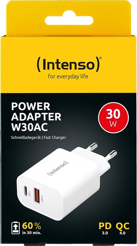 Ladegerät Intenso Power Adapter W30AC 7803012, 1x USB-A Ausgang, 1x USB-C Ausgang, 30W, weiß