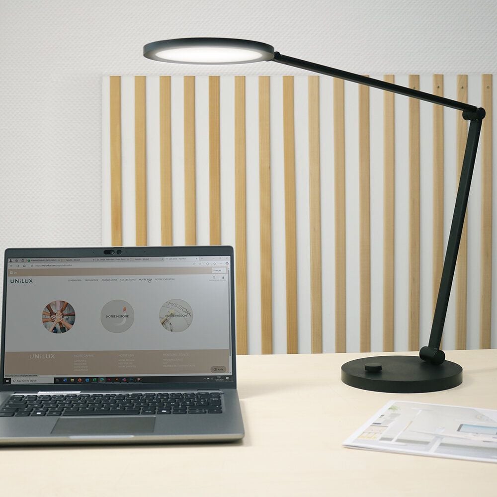 LED-Schreibtischleuchten Unilux OMEGA 400202315/400202316, 12 W, LED (neutralweiß), 166lm/W, dreifache Gelenkverbindung, Standfuß, schwarz