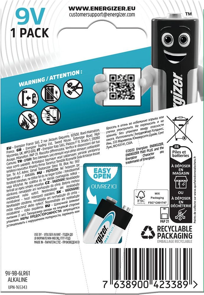 Batterien Energizer Max Plus E-Block (E), 9 V, mit Geräte-Auslaufschutz, bis zu 15 Jahre Leistungserhalt
