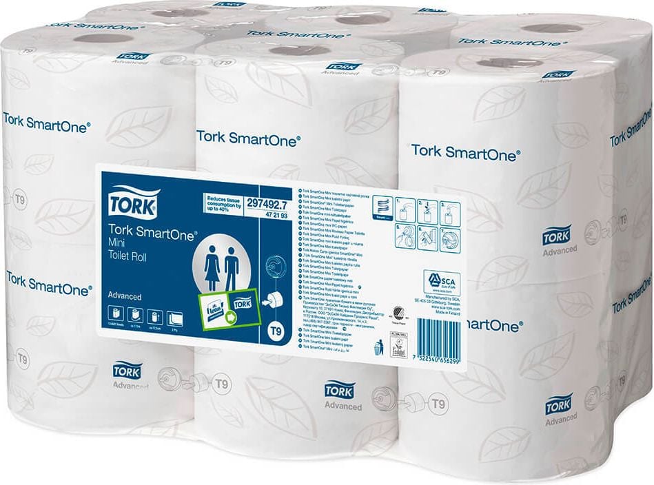 Toilettenpapier Tork Advanced SmartOne Mini Jumbo 472193, für Spendersystem T9, Tissue (100%
Recycling), Lorbeerblattprägung, 2-lagig,
weiß, Pack 12 Rollen à 620 Blatt