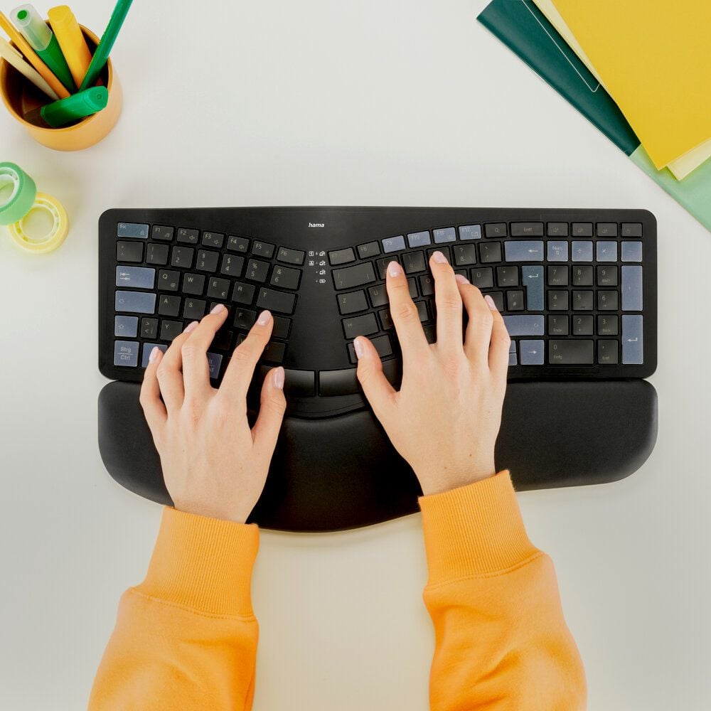 Tastatur Hama WK-900 Ergo 00173071, kabellos, USB + Bluetooth, geschwungene Form mit Handgelenkauflage, schwarz, schwarz