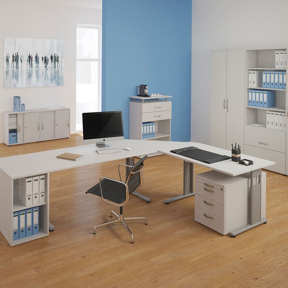 Schreibtisch Geramöbel C Fuß Flex S-617306, 180x100cm (BxT), 68-82cm Höhe, Freiform
links, C-Fuß silber, weiß