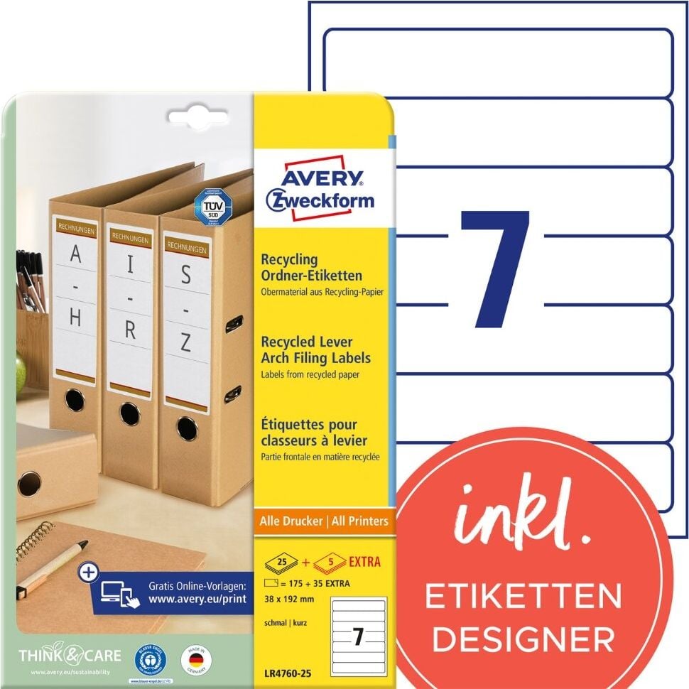 Rückenschilder Zweckform LR4760-25 Recycling, schmal/kurz, 192x38mm, auf A4, naturweiß, Pack 30 Blatt/210 Stück