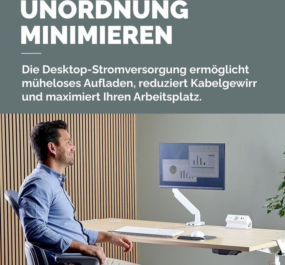 Tischsteckdosenleiste Fellowes Power Desk Type F 1fach+2 USB, Tischklemme, 1x Steckdose (230V), 1x USB-A, 1x USB-C, Kabellänge 2m, weiß