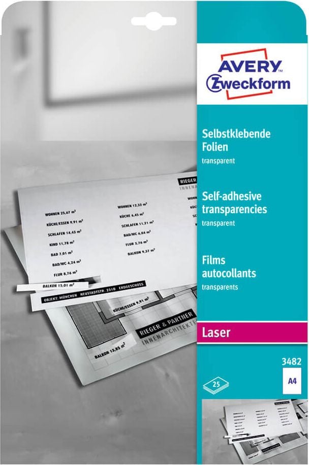 Laserfolien Zweckform 3482, A4, selbstklebend, matt-transparent, 0,14mm,
Pack 25 Blatt