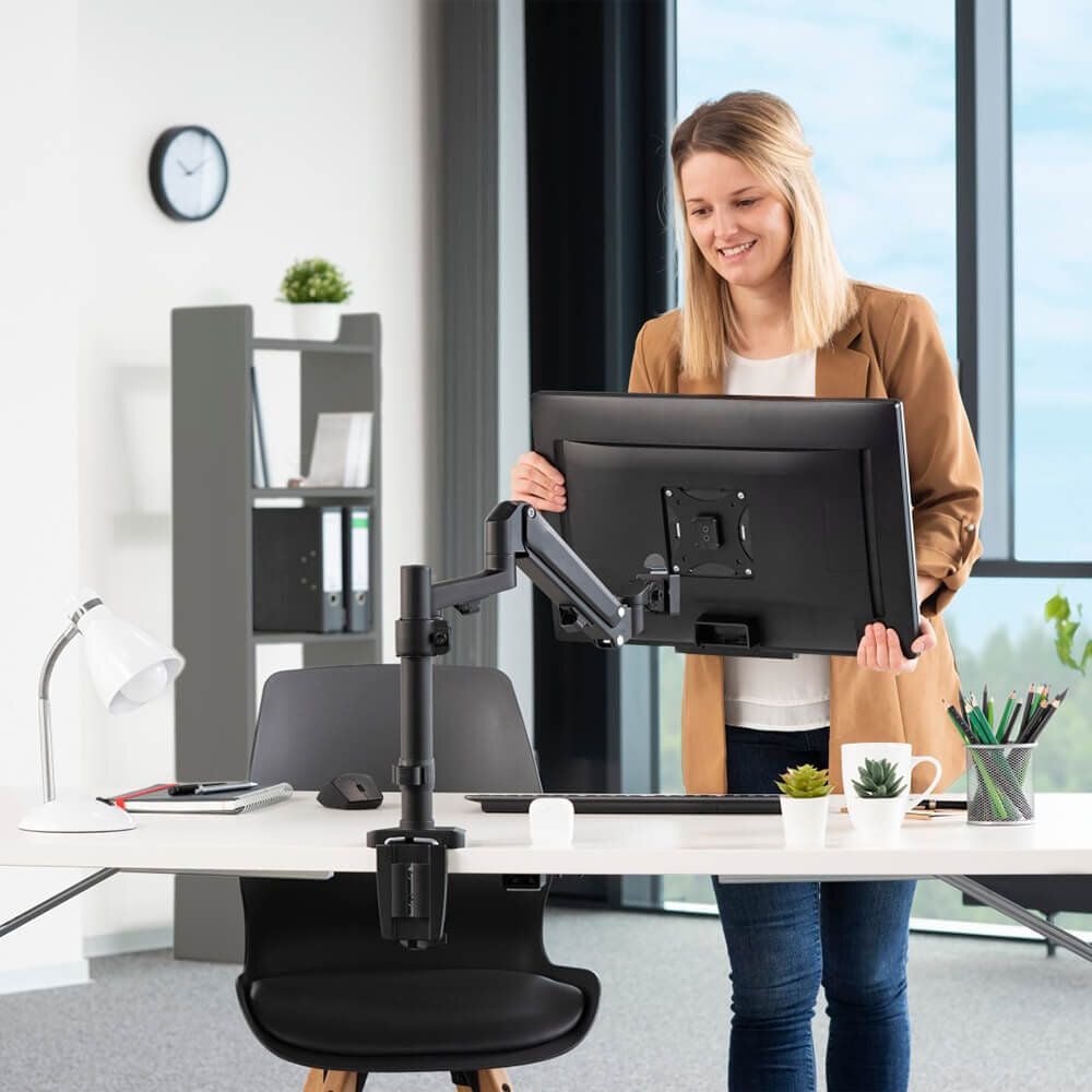 Monitorhalter Hama FULLMOTION Einzelarm 118496, 1 Arm, Tragfähigkeit bis zu 12 kg,
Schwenkarm, höhen- und tiefenverstellbar,
Klemmhalterung, schwarz