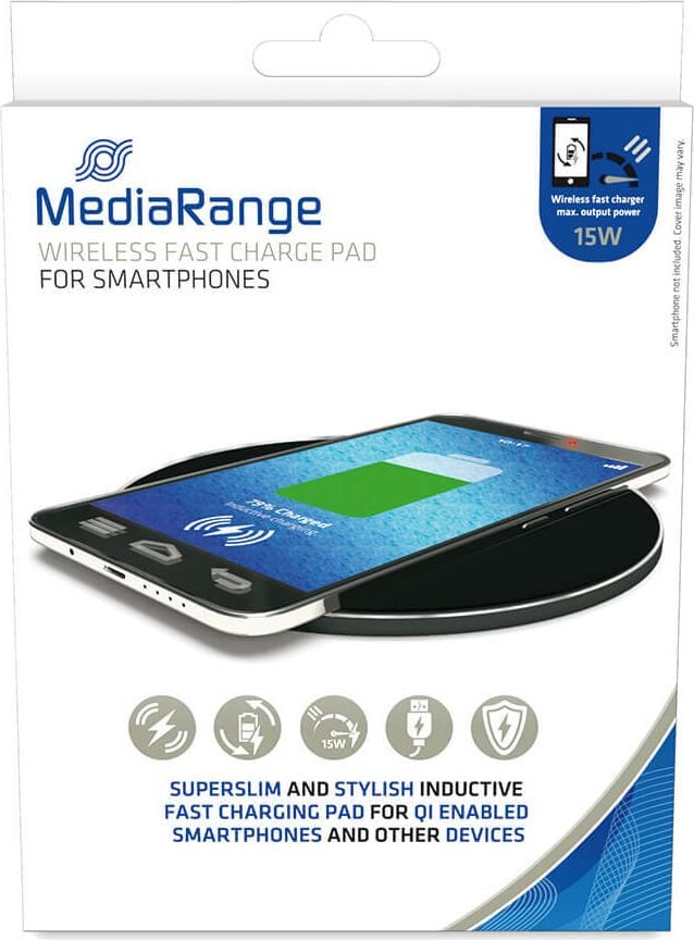Schnellladestation MediaRange MRMA118, 1x USB Type-C-Stecker, Qi-fähig, max, 15
Watt, schwarz