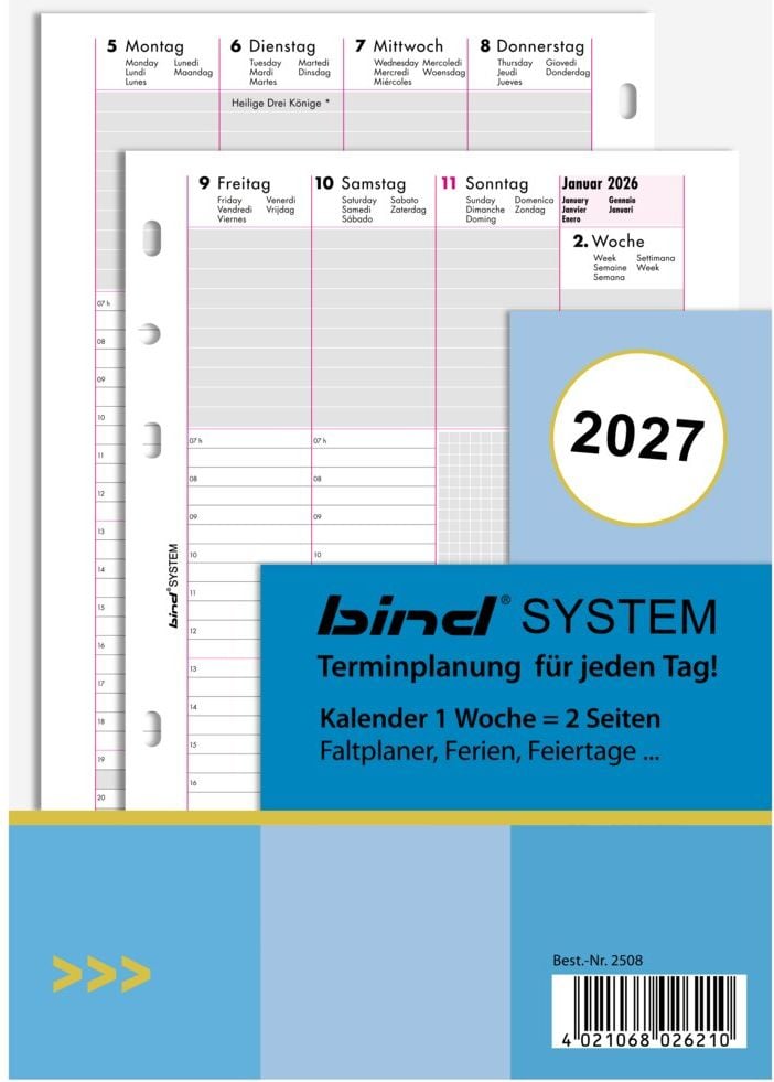 Terminplaner-Einlagen bind A5 Wochenplan B-250827 2027, 1 Woche/2 Seiten