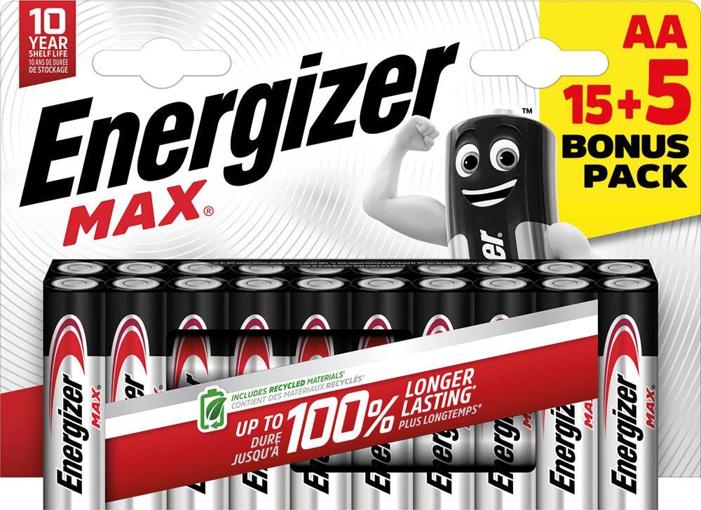 Batterien Energizer Max Mignon Bonuspack 15+5 (AA), 1,5 V, bis zu 10 Jahre Leistungserhalt, Bonuspack 20 Stück (5 Stück gratis)
