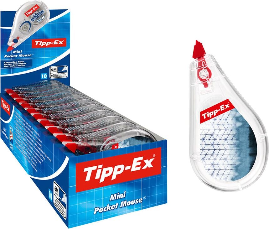 Korrekturroller Tipp-Ex Mini Pocket Mouse Decors 8922365, 5mm breit/6m lang, Gehäuse batikblau, Pack
10 Stück