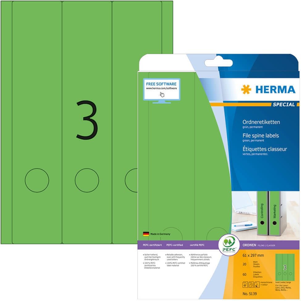 Rückenschilder Herma 5139, breit/lang, 297x61mm, auf A4, grün, Pack 20
Blatt/60 Stück