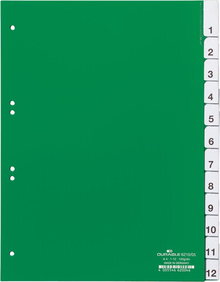 Kunststoffregister Durable A4 1-12 621005, A4 hoch, 1-12, 12tlg., PP,
grün