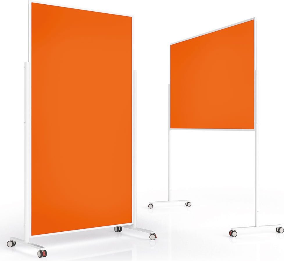 Moderationstafeln Magnetoplan Design VarioPin 11811, Tafel: 180x100cm, einteilig, pinnbarer Filz
farbig, Aluminumrahmen (weiß), Standfuß mit
Rollen, orange