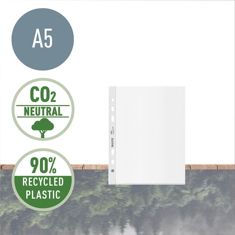 Prospekthüllen Leitz Recycle DIN A5 4002, oben offen, genarbt, recycelte PP-Folie 100my, Pack 25 Stück