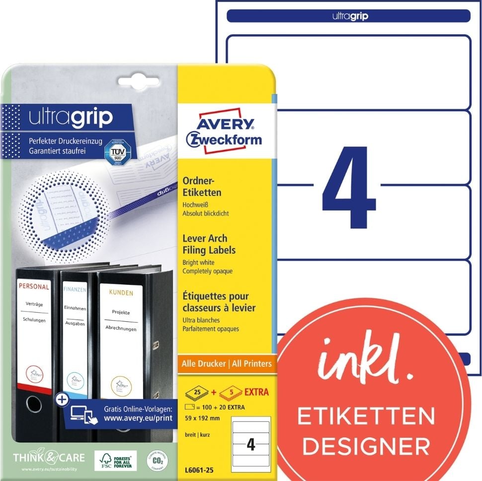 Rückenschilder Zweckform L6061-25 ultragrip, breit/kurz, 192x59mm, auf A4, weiß, Pack 30
Blatt/120 Stück