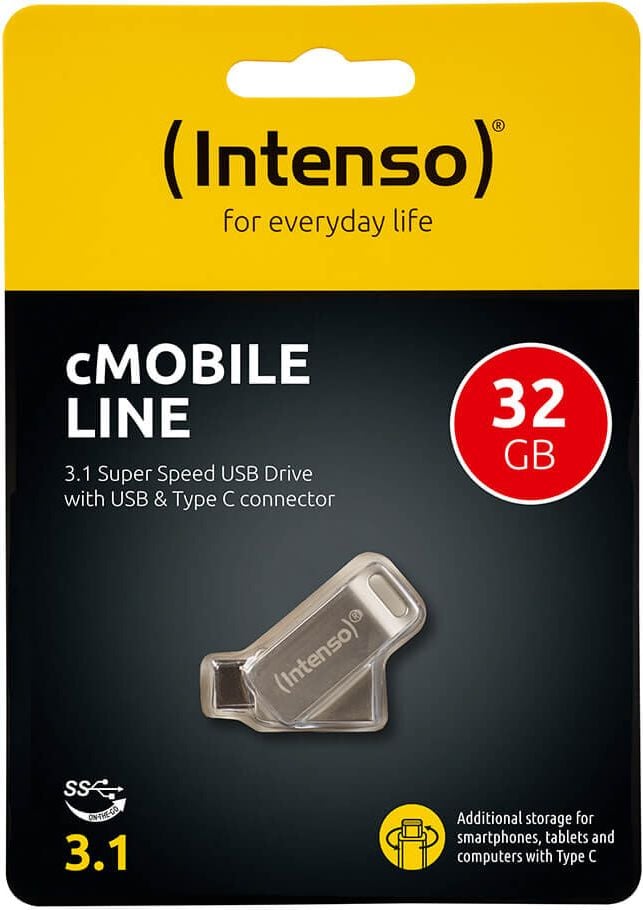 USB-Stick Intenso cMobile Line 3536480, 32GB, USB 3.2 Gen 1x1 Typ A /
USB 3.2 Gen 1x1 Typ C, Metall, silber