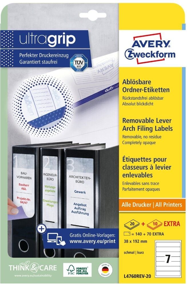 Rückenschilder Zweckform L4760REV-20 ultragrip, schmal/kurz, 192x38mm, ablösbar, auf A4,
weiß, Pack 30 Blatt/210 Stück