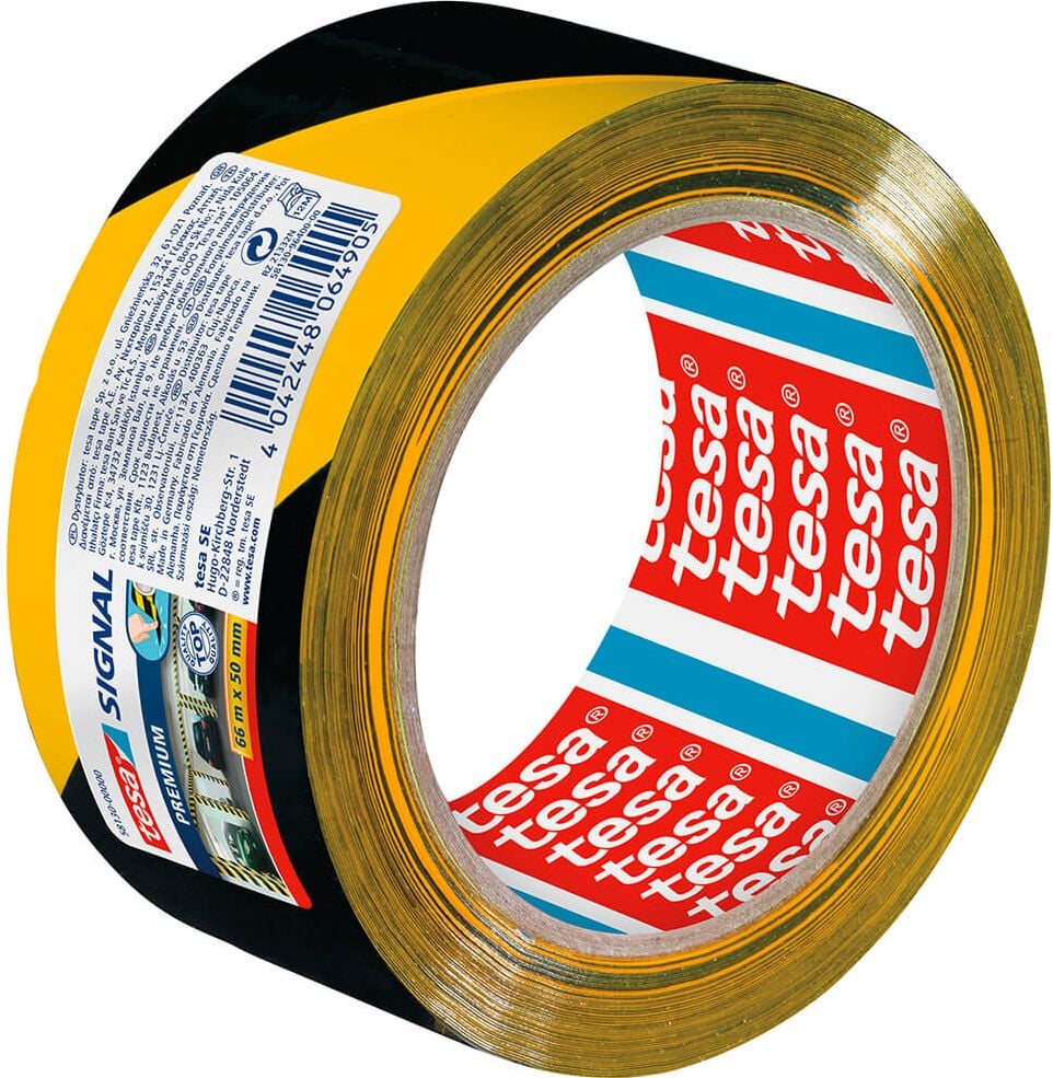 Sicherheitsmarkierungsband Tesa Premium 58130-00000-00, 50mm x 66m, 0,065mm stark (65my), PVC,
gelb/schwarz
