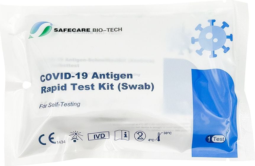 COVID-19 Laien Antigen-Schnelltest Safecare Bio-Tech, einzeln verpackt, Laientest für
Selbstanwendung/Eigengebrauch, BfArM-gelistet
(Sonderzulassung 5640-S-123/21), verifiziert
bzw. evaluiert durch das Paul-Ehrlich-Institut