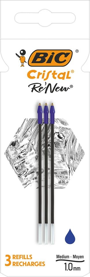 Kugelschreiberminen BIC Cristal Re New, Fine 0,3mm, Blister mit 3 Stück, blau
