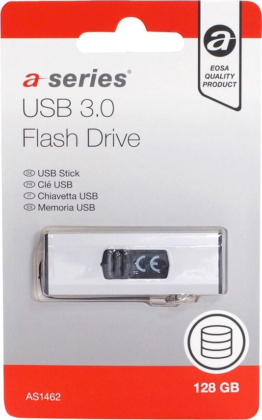 USB-Stick a-series AS1462, 128GB, USB 3.0 Typ A, mit Schiebemechanik,
inkl. Schlüsselanhänger, schwarz/silber