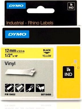 Schriftbänder Dymo RHINO Vinyl 18432/S0718450, schwarz auf gelb, 12mm/5,5m, Vinylband